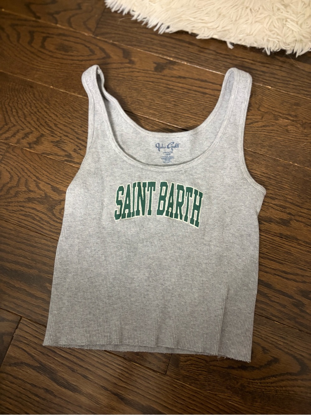 Brandy Melville Gray Ribbed Tank with Green "SAINT BARTH" Logo